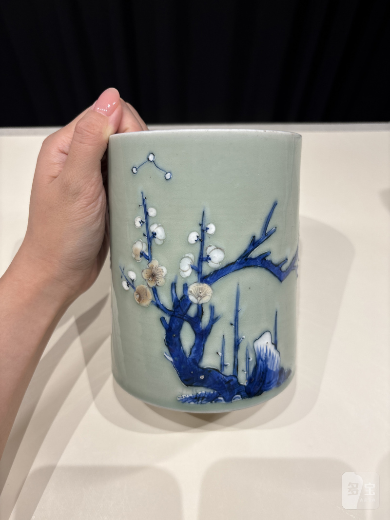 清康熙 青花釉里红魁星点斗纹笔筒 - 图5